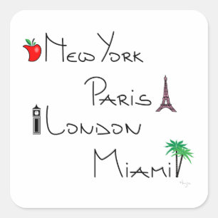 New York, Paris, London, Miami Square Sticker