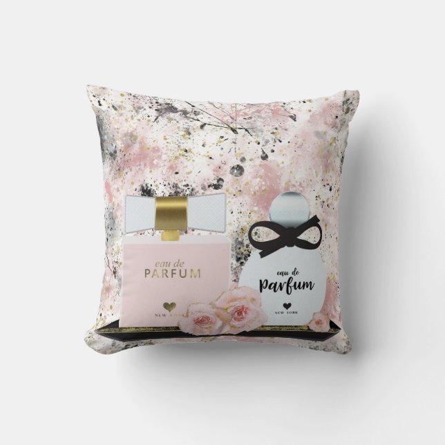 New York Perfume Bottles Gold & Blush Pink Roses Cushion (Front)