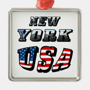 New York Picture and USA Flag Text Metal Ornament