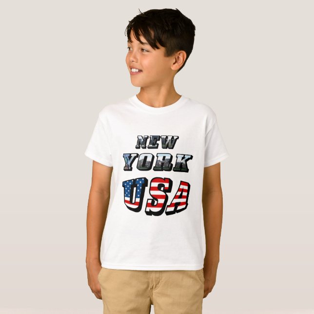 New York Picture and USA Flag Text T-Shirt (Front Full)