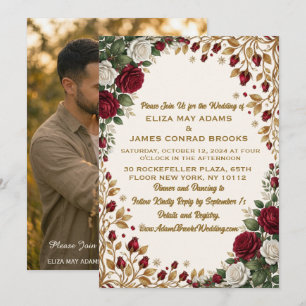 New York Rose Gold Floral Photo Wedding Invitation