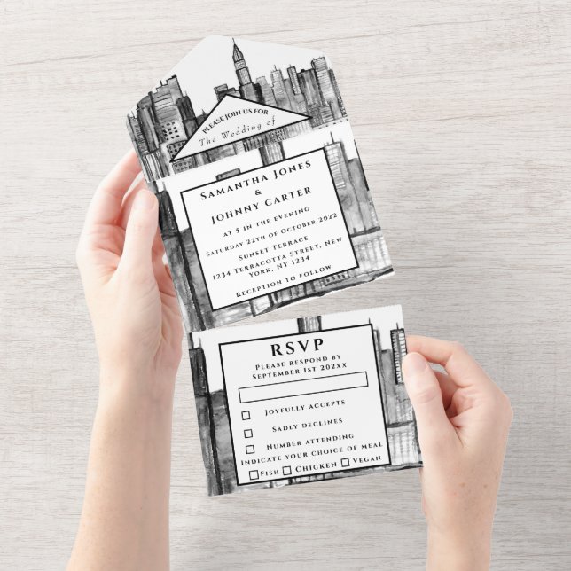 New York RSVP Black and White Modern Wedding  All In One Invitation (Tearaway)
