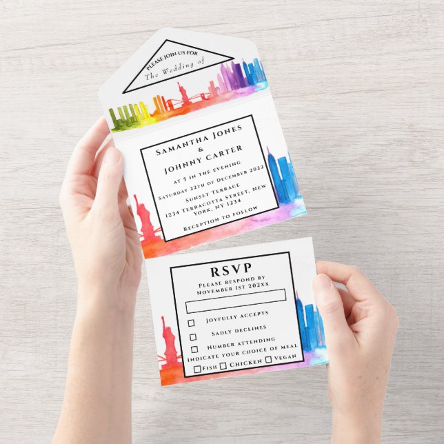 New York RSVP Rainbow Modern Wedding  All In One Invitation (Tearaway)