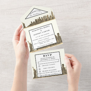 New York RSVP Watercolor Black Modern Wedding All In One Invitation