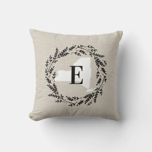 New York Rustic Wreath Monogram Throw Pillow