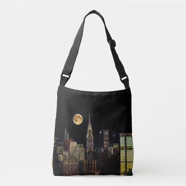 New York Skyline At Night With Full Moon Crossbody Bag (Front)