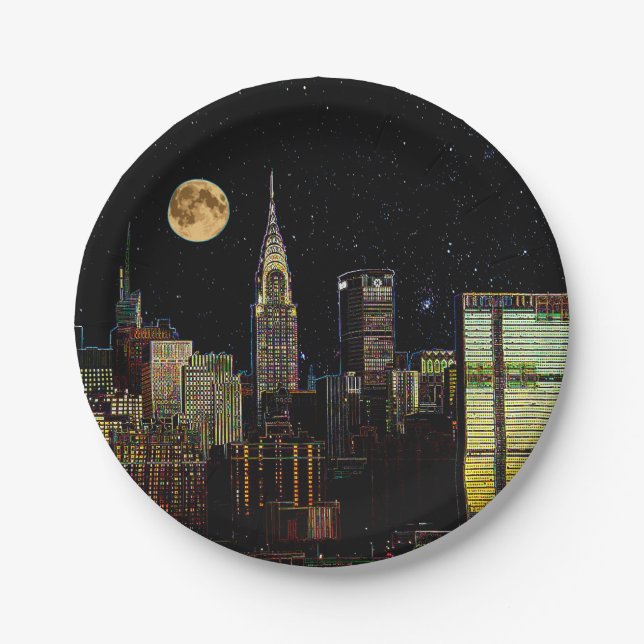 New York Skyline At Night With Full Moon Paper Plate (Front)