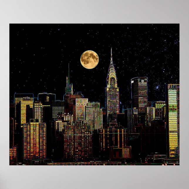 New York Skyline At Night With Full Moon Poster (Front)