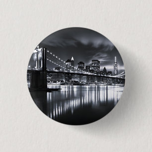 New York Skyline Brooklyn Bridge Monochrome Night 3 Cm Round Badge