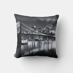 New York Skyline Brooklyn Bridge Monochrome Night Cushion