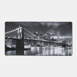 New York Skyline Brooklyn Bridge Monochrome Night Desk Mat