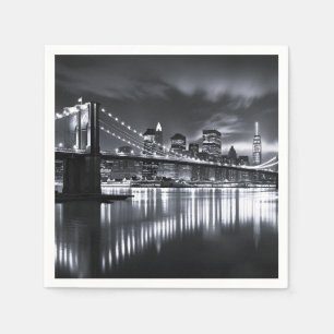New York Skyline Brooklyn Bridge Monochrome Night Napkin