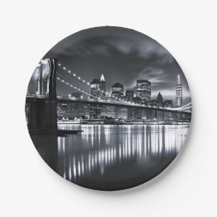 New York Skyline Brooklyn Bridge Monochrome Night Paper Plate