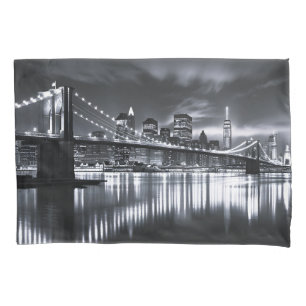 New York Skyline Brooklyn Bridge Monochrome Night Pillowcase