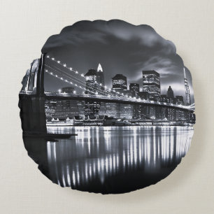 New York Skyline Brooklyn Bridge Monochrome Night Round Cushion
