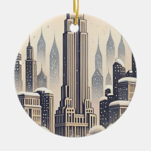 New York Skyline Christmas Card Ceramic Ornament
