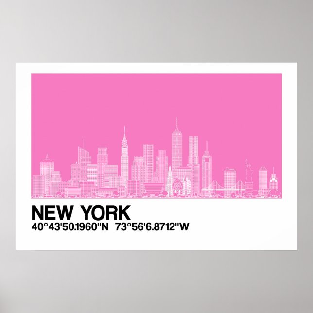 New York Skyline + Coordinates in Pink Poster (Front)