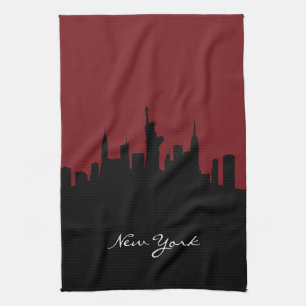 New York Skyline   Dark Red Tea Towel