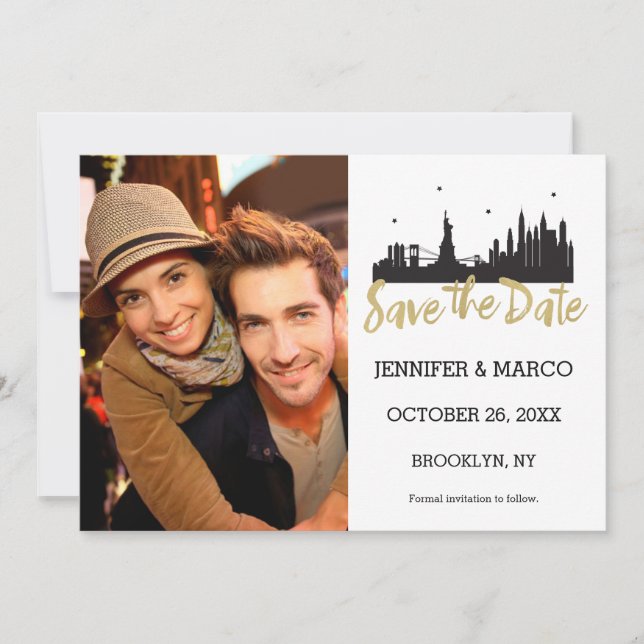 New York Skyline Gold Script Save the Date (Front)