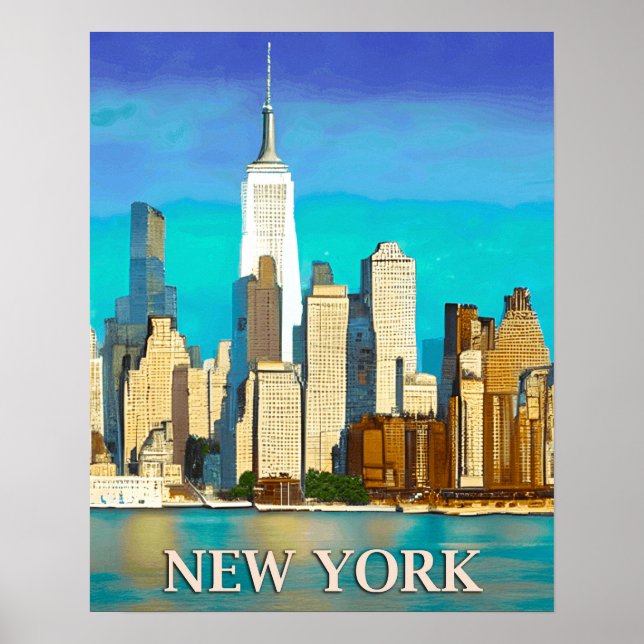 New York Skyline in Cobalt Blue and Tan Poster (Front)