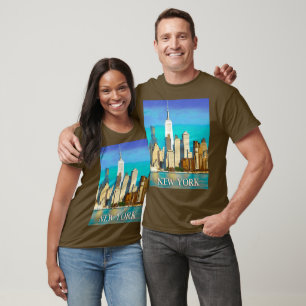 New York Skyline in Cobalt Blue and Tan T-Shirt