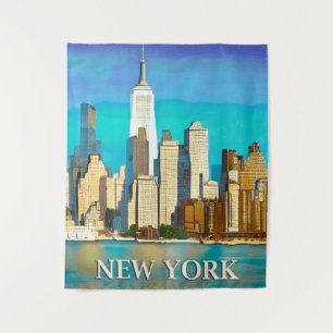 New York Skyline in Cobalt Blue and Tan Tapestry