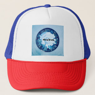 new york skyline of skyscrapers in round   trucker hat