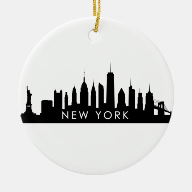 New York Skyline Silhouette Black Elegant Script Ceramic Ornament (Front)