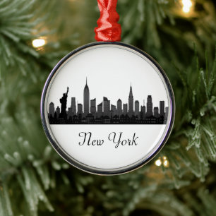 New York Skyline Silhouette Black Elegant Script  Metal Ornament