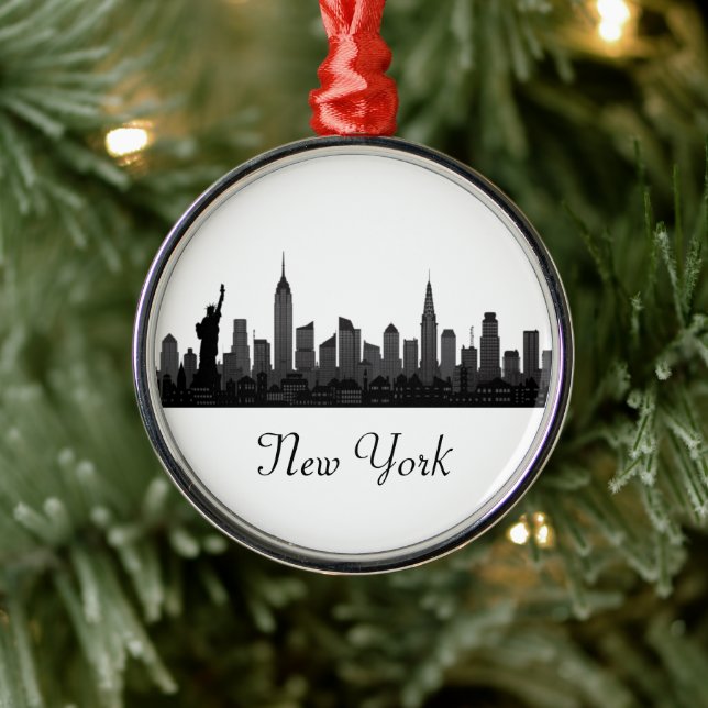 New York Skyline Silhouette Black Elegant Script  Metal Ornament (Tree)