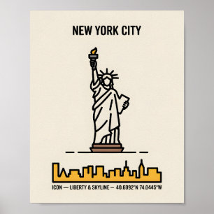 New York Skyline Statue of Liberty Bold Line Art Poster