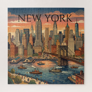New York Skyline Travel Art Vintage Jigsaw Puzzle