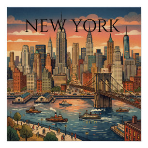 New York Skyline Travel Art Vintage Poster