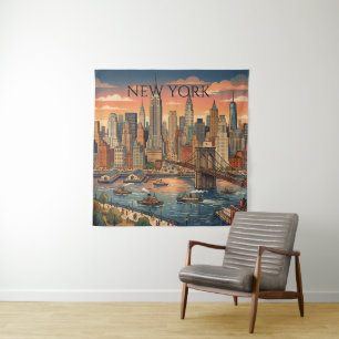 New York Skyline Travel Art Vintage Tapestry