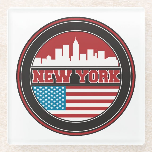 New York Skyline | United States Flag Glass Coaster (Front)