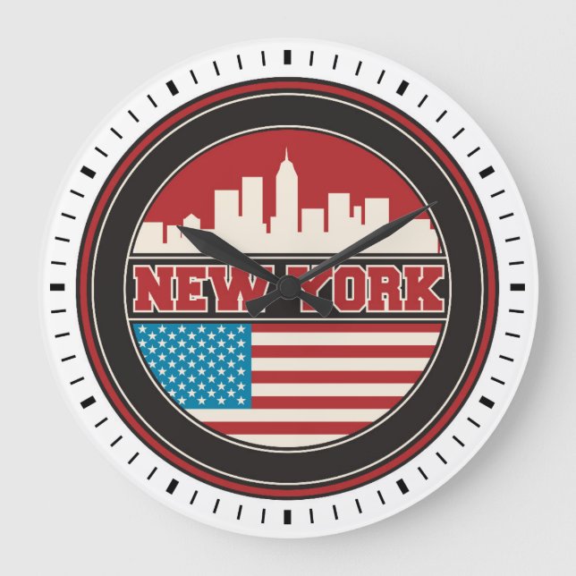 New York Skyline | United States Flag Large Clock (Front)