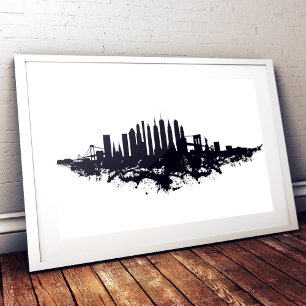 New York Skyline Watercolor Black and White Photo Print