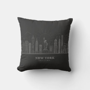 New York Skyline White on Black Throw Pillow