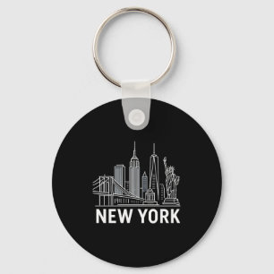 New York Skyline With Statue Of Liberty White Line Key Ring