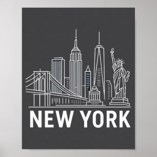 New York Skyline With Statue Of Liberty White Line Poster