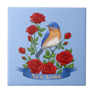 New York State Bird & Flower - Bluebird & Red Rose Ceramic Tile