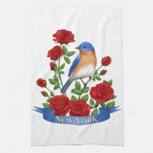 New York State Bird & Flower - Bluebird & Red Rose Tea Towel