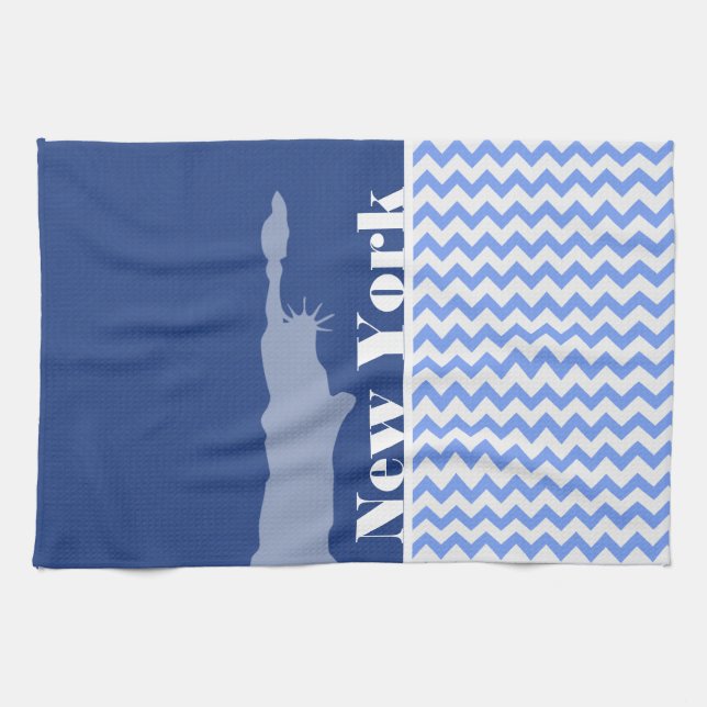 New York, Statue of Liberty; Blue Chevron Tea Towel (Horizontal)