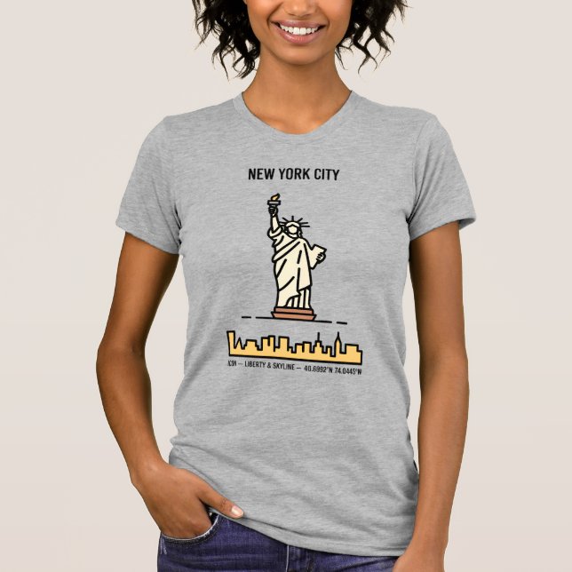 New York Statue of Liberty Skyline Simple Line Art T-Shirt (Front)