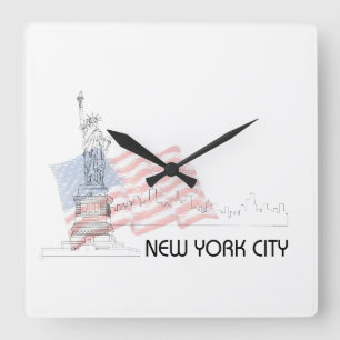 New York - Statue of Liberty USA Flag Square Wall Clock