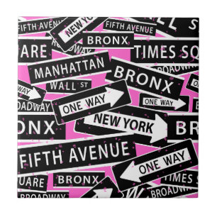 New York Street Signs Black White Pink Ceramic Tile