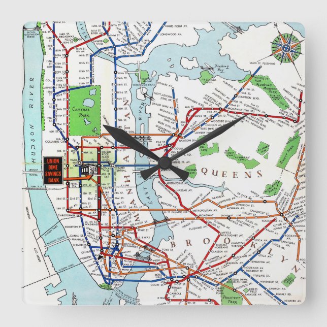 New York: Subway Map, 1940 Square Wall Clock (Front)