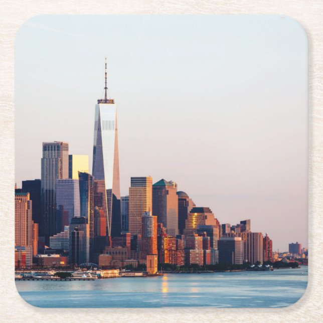 New York Sunset Skyline View of World Trade Center Square Paper Coaster (Front)