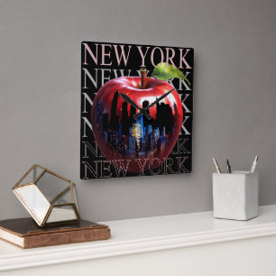 New York The Big Apple Fruit Silhouette City Square Wall Clock
