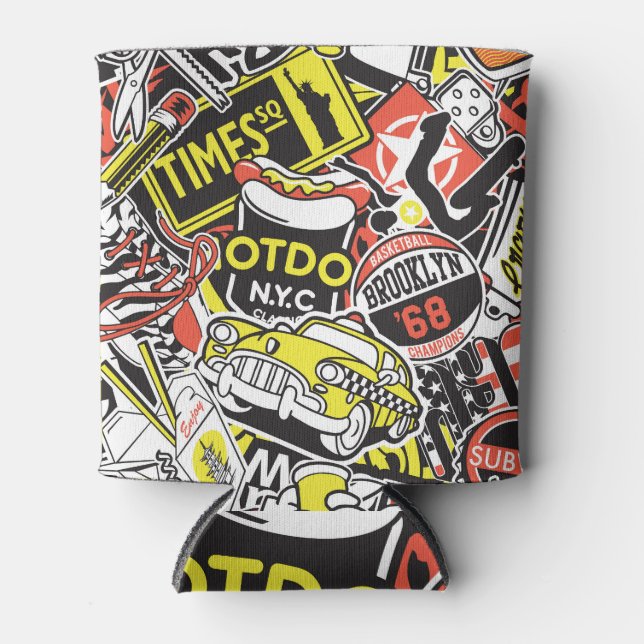 New York urban: sticker patchwork. Can Cooler (Front)